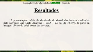 Introdução | Material e Métodos | Resultados | Conclusão
Resultados
A porcentagem média da densidade do dossel das árvores analisadas
pelo software Gap Light Analyzer – GLA – 2.0 foi de 70,18% da parte da
imagem obstruído pelas copas das árvores.
 