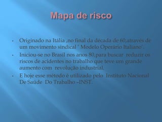 • Originado na Itália ,no final da década de 60,através de
um movimento sindical ‘ Modelo Operário Italiano’.
• Iniciou-se no Brasil nos anos 80,para buscar reduzir os
riscos de acidentes no trabalho que teve um grande
aumento com revolução industrial.
• E hoje esse método é utilizado pelo Instituto Nacional
De Saúde Do Trabalho –INST.
 