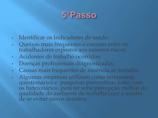 • Identificar os Indicadores de saúde:
• Queixas mais frequentes e comuns entre os
trabalhadores expostos aos mesmos riscos;
• Acidentes de trabalho ocorridos;
• Doenças profissionais diagnosticadas;
• Causas mais frequentes de ausência ao trabalho
• Algumas empresas utilizam como ferramenta
questionários e pesquisas preventivas junto com
os funcionários, para ter uma percepção melhor da
qualidade do ambiente de trabalho com o intuito
de se evitar novos sinistros
 