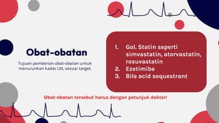 Obat-obatan
Tujuan pemberian obat-obatan untuk
menurunkan kadar LDL sesuai target.
1. Gol. Statin seperti
simvastatin, atorvastatin,
rosuvastatin
2. Ezetimibe
3. Bile acid sequestrant
Obat-obatan tersebut harus dengan petunjuk dokter!
 