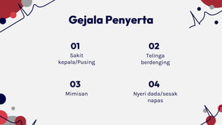 Gejala Penyerta
01
Sakit
kepala/Pusing
03
Mimisan
04
Nyeri dada/sesak
napas
02
Telinga
berdenging
 