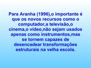 Para Aranha (1996),o importante é que os novos recursos como o computador,a televisão,o cinema,o vídeo,não sejam usados apenas como instrumentos,mas se tornem capazes de desencadear transformações estruturais na velha escola. 
