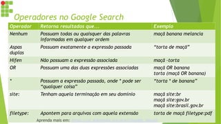 Operadores no Google Search
Operador Retorna resultados que... Exemplo
Nenhum Possuam todas ou quaisquer das palavras
informadas em qualquer ordem
maçã banana melancia
Aspas
duplas
Possuam exatamente a expressão passada “torta de maçã”
Hífen Não possuam a expressão associada maçã –torta
OR Possuam uma das duas expressões associadas maçã OR banana
torta (maçã OR banana)
* Possuam a expressão passada, onde * pode ser
“qualquer coisa”
“torta * de banana”
site: Tenham aquela terminação em seu domínio maçã site:br
maçã site:gov.br
maçã site:brasil.gov.br
filetype: Apontem para arquivos com aquela extensão torta de maçã filetype:pdf
Aprenda mais em: https://pt.wikipedia.org/wiki/Google_Search
 