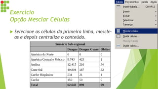 Exercício
Opção Mesclar Células
 Selecione as células da primeira linha, mescle-
as e depois centralize o conteúdo.
 