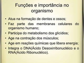 Funções e importância no
organismo
• Atua na formação de dentes e ossos;
• Faz parte das membranas celulares do
organismo humano;
• Participa do metabolismo dos glicídios;
• Age na contração dos músculos;
• Age em reações químicas que libera energia;
• Integra o DNA(Ácido Desoxirribonucléico e o
RNA(Ácido Ribonucléico).
 