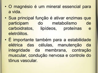 • O magnésio é um mineral essencial para
a vida.
• Sua principal função é ativar enzimas que
participam do metabolismo de
carboidratos, lipídeos, proteínas e
eletrólitos.
• É importante também para a estabilidade
elétrica das células, manutenção da
integridade da membrana, contração
muscular, condução nervosa e controle do
tônus vascular.
 