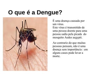 O que é a Dengue?
É uma doença causada por
um vírus.
Este vírus é transmitido de
uma pessoa doente para uma
pessoa sadia pela picada do
mosquito Aedes aegypti.
Ao contrario do que muitas
pessoas pensam, não é uma
doença sem importância : em
alguns casos pode levar a
morte.