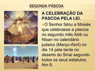SEGUNDA PÁSCOA
     A CELEBRAÇÃO DA
     PÁSCOA PELA LEI.
     O Senhor falou a Moisés
     que celebrasse a páscoa
     no segundo mês Abib ou
     Nisan no calendário
     judaico (Março-Abril) no
     dia 14 pela tarde no
     deserto do Sinai segundo
     todos os seus estatutos.
     Nm 9.
 