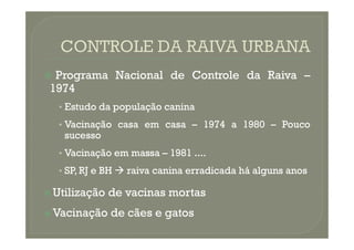 
 Programa
Programa Nacional
Nacional de
de Controle
Controle da
da Raiva
Raiva –
–
1974
1974
•
• Estudo
Estudo da
da população
população canina
canina
•
• Vacinação
Vacinação casa
casa em
em casa
casa –
– 1974
1974 a
a 1980
1980 –
– Pouco
Pouco
•
• Vacinação
Vacinação casa
casa em
em casa
casa –
– 1974
1974 a
a 1980
1980 –
– Pouco
Pouco
sucesso
sucesso
•
• Vacinação
Vacinação em
em massa
massa –
– 1981
1981 ....
....
•
• SP,
SP, RJ
RJ e
e BH
BH 
 raiva
raiva canina
canina erradicada
erradicada há
há alguns
alguns anos
anos

 Utilização
Utilização de
de vacinas
vacinas mortas
mortas

 Vacinação
Vacinação de
de cães
cães e
e gatos
gatos
 