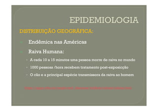 DISTRIBUIÇÃO GEOGRÁFICA:

 Endêmica
Endêmica nas
nas Américas
Américas

 Raiva
Raiva Humana
Humana:
:
•
• A
A cada
cada 10
10 a
a 15
15 minutos
minutos uma
uma pessoa
pessoa morre
morre de
de raiva
raiva no
no mundo
mundo
•
• 1000
1000 pessoas
pessoas /hora
/hora recebem
recebem tratamento
tratamento post
post-
-exposicção
exposicção
•
• O
O cão
cão e
e a
a principal
principal espécie
espécie transmissora
transmissora da
da raiva
raiva ao
ao homem
homem
https://apps.who.int/neglected_diseases/ntddata/rabies/rabies.html
 