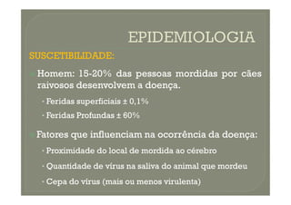 SUSCETIBILIDADE:
SUSCETIBILIDADE:

 Homem
Homem:
: 15
15-
-20
20%
% das
das pessoas
pessoas mordidas
mordidas por
por cães
cães
raivosos
raivosos desenvolvem
desenvolvem a
a doença
doença.
.
•
• Feridas
Feridas superficiais
superficiais ±
± 0
0,
,1
1%
%
•
• Feridas
Feridas superficiais
superficiais ±
± 0
0,
,1
1%
%
•
• Feridas
Feridas Profundas
Profundas ±
± 60
60%
%

 Fatores
Fatores que
que influenciam
influenciam na
na ocorrência
ocorrência da
da doença
doença:
:
•
• Proximidade
Proximidade do
do local
local de
de mordida
mordida ao
ao cérebro
cérebro
•
• Quantidade
Quantidade de
de vírus
vírus na
na saliva
saliva do
do animal
animal que
que mordeu
mordeu
•
• Cepa
Cepa do
do vírus
vírus (mais
(mais ou
ou menos
menos virulenta)
virulenta)
 