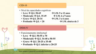 CID-10
• Nível de capacidades cognitivas
• Leve  Q.I. 50-69
 I.M. 9 a 12 anos
• Moderado  Q.I. 35-49
 I.M. 6 a 9 anos
• Grave  Q.I. 20-34
 I.M. 3 a 6 anos
• Profundo  Q.I. < 20
 I.M. abaixo de 3

DSM-IV
• Funcionamento intelectual
• Leve  Q.I. 50-55 a 70
• Moderado  Q.I. 34-40 a 50-55
• Grave  Q.I. 20-25 a 35-40
• Profundo  Q.I. inferior a 20-25
• Nem sempre é possível a avaliação intelectual

 