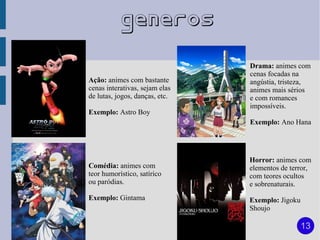 Generos
                                Drama: animes com
                                cenas focadas na
Ação: animes com bastante       angústia, tristeza,
cenas interativas, sejam elas   animes mais sérios
de lutas, jogos, danças, etc.   e com romances
                                impossíveis.
Exemplo: Astro Boy
                                Exemplo: Ano Hana




                                Horror: animes com
Comédia: animes com             elementos de terror,
teor humorístico, satírico      com teores ocultos
ou paródias.                    e sobrenaturais.
Exemplo: Gintama                Exemplo: Jigoku
                                Shoujo

                                                  13
 