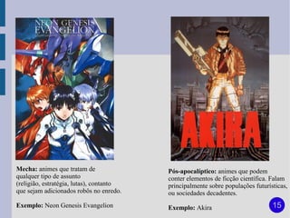 Mecha: animes que tratam de               Pós-apocalíptico: animes que podem
qualquer tipo de assunto                  conter elementos de ficção científica. Falam
(religião, estratégia, lutas), contanto   principalmente sobre populações futurísticas,
que sejam adicionados robôs no enredo.    ou sociedades decadentes.
Exemplo: Neon Genesis Evangelion          Exemplo: Akira                         15
 