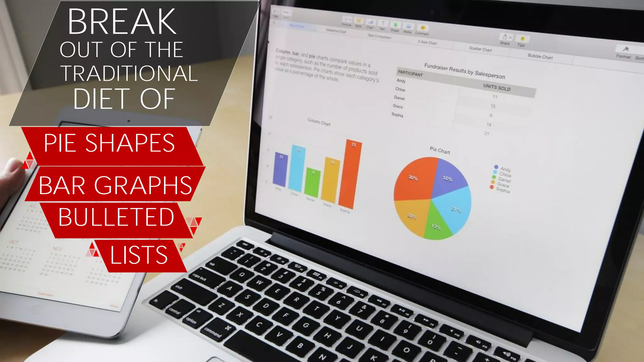 BREAK
OUT OF THE
TRADITIONAL
DIET OF
PIE SHAPES
BAR GRAPHS
LISTS
BULLETED
 