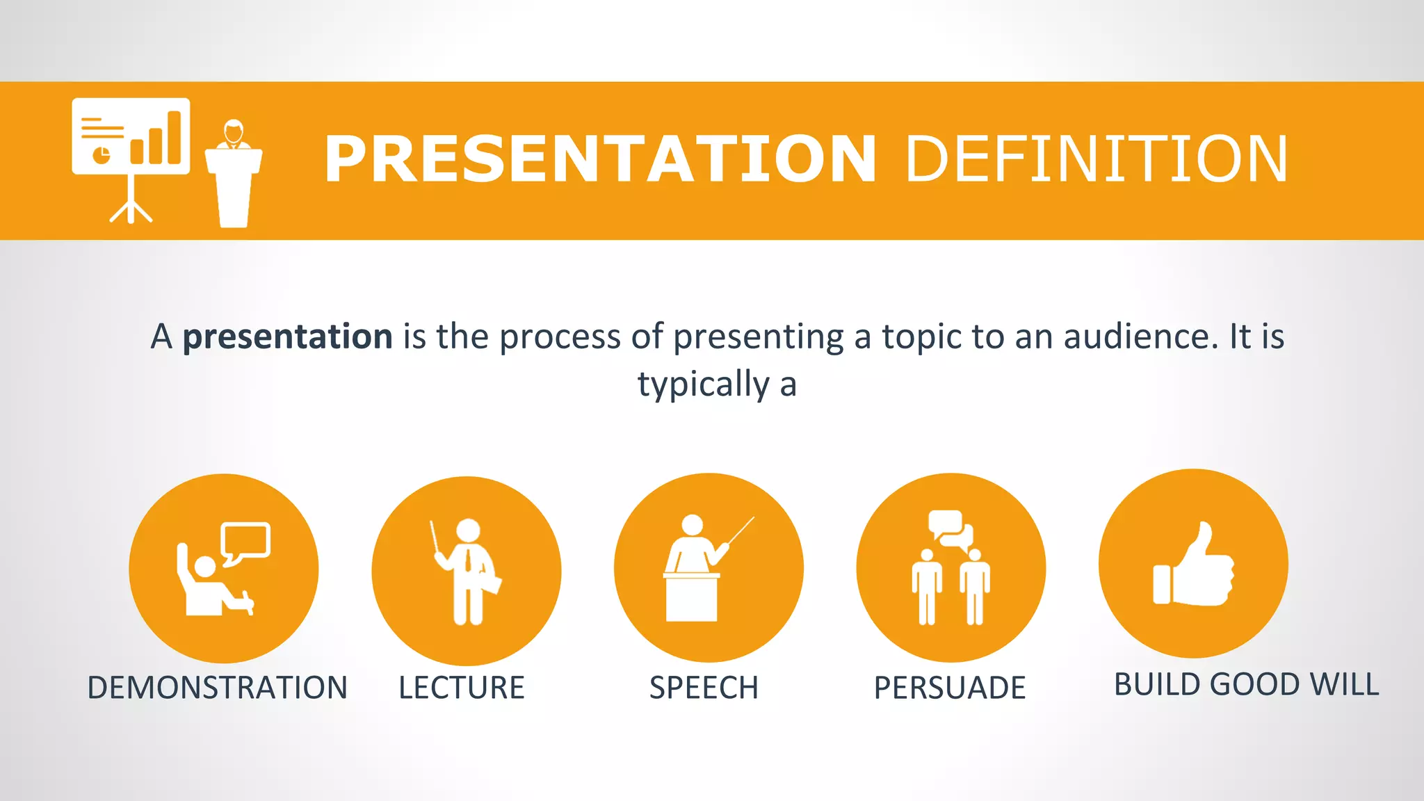 PRESENTATION DEFINITION
DEMONSTRATION LECTURE SPEECH PERSUADE BUILD GOOD WILL
A presentation is the process of presenting a topic to an audience. It is
typically a
 