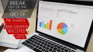 BREAK
OUT OF THE
TRADITIONAL
DIET OF
PIE SHAPES
BAR GRAPHS
LISTS
BULLETED
 