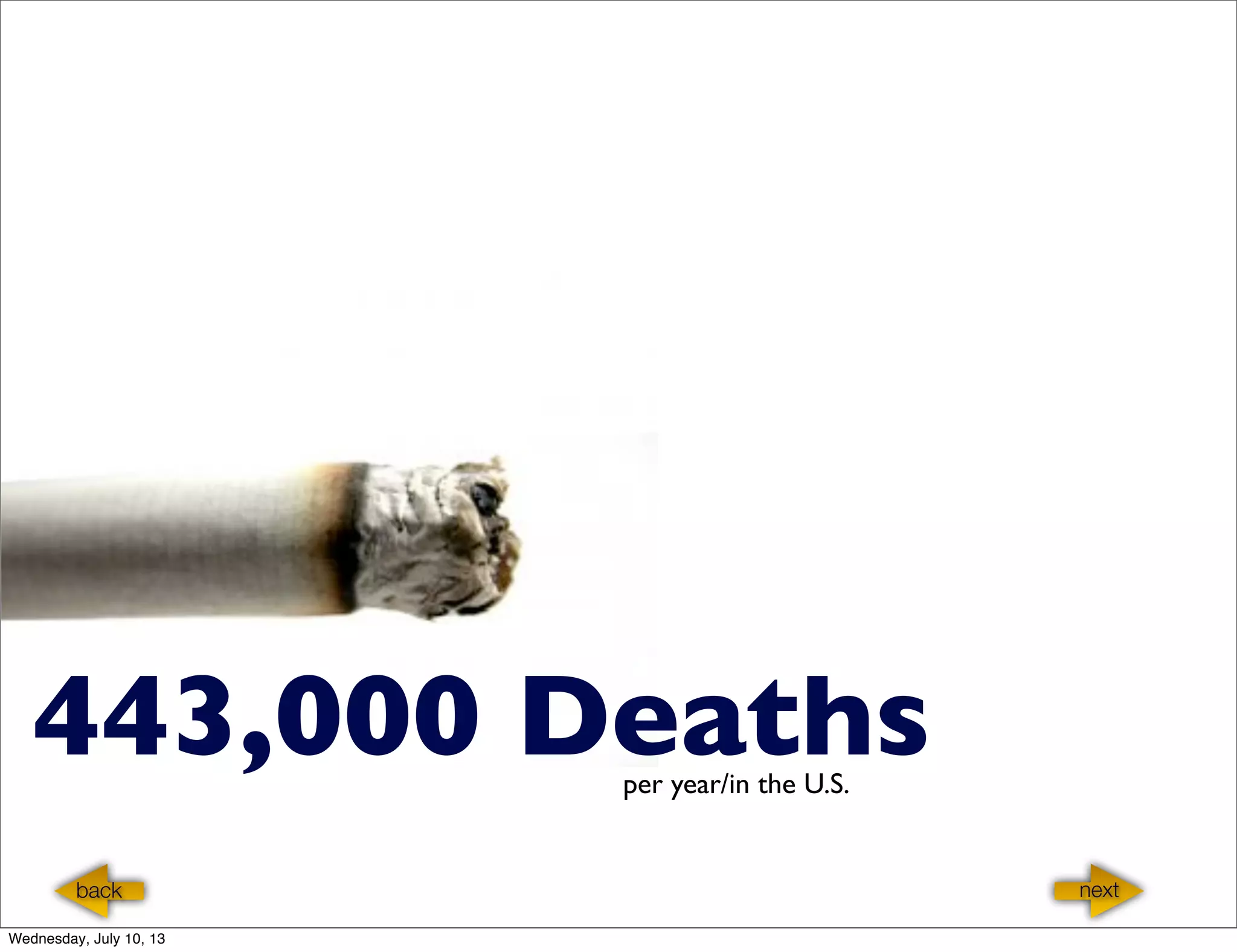 443,000 Deathsper year/in the U.S.
nextback nextback
Wednesday, July 10, 13
 