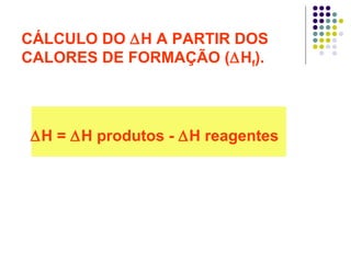 CÁLCULO DO  ∆ H A PARTIR DOS CALORES DE FORMAÇÃO ( ∆ H f ). ∆ H =  ∆ H produtos -  ∆ H reagentes   