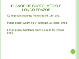 PLANOS DE CURTO, MÉDIO E LONGO PRAZOS Curto prazo: Abrange menos de 01 (um) ano. Médio prazo: Cobre de 01 (um) até 05 (cinco) anos. Longo prazo: Qualquer prazo além de 05 (cinco) anos. 