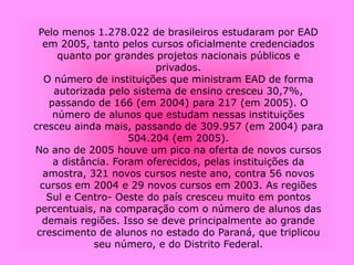 Pelo menos 1.278.022 de brasileiros estudaram por EAD
em 2005, tanto pelos cursos oficialmente credenciados
quanto por grandes projetos nacionais públicos e
privados.
O número de instituições que ministram EAD de forma
autorizada pelo sistema de ensino cresceu 30,7%,
passando de 166 (em 2004) para 217 (em 2005). O
número de alunos que estudam nessas instituições
cresceu ainda mais, passando de 309.957 (em 2004) para
504.204 (em 2005).
No ano de 2005 houve um pico na oferta de novos cursos
a distância. Foram oferecidos, pelas instituições da
amostra, 321 novos cursos neste ano, contra 56 novos
cursos em 2004 e 29 novos cursos em 2003. As regiões
Sul e Centro- Oeste do país cresceu muito em pontos
percentuais, na comparação com o número de alunos das
demais regiões. Isso se deve principalmente ao grande
crescimento de alunos no estado do Paraná, que triplicou
seu número, e do Distrito Federal.
 