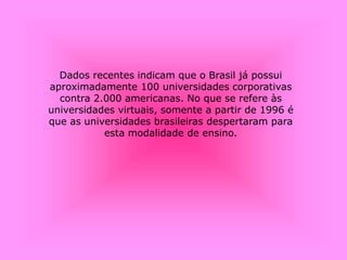 Dados recentes indicam que o Brasil já possui
aproximadamente 100 universidades corporativas
contra 2.000 americanas. No que se refere às
universidades virtuais, somente a partir de 1996 é
que as universidades brasileiras despertaram para
esta modalidade de ensino.
 