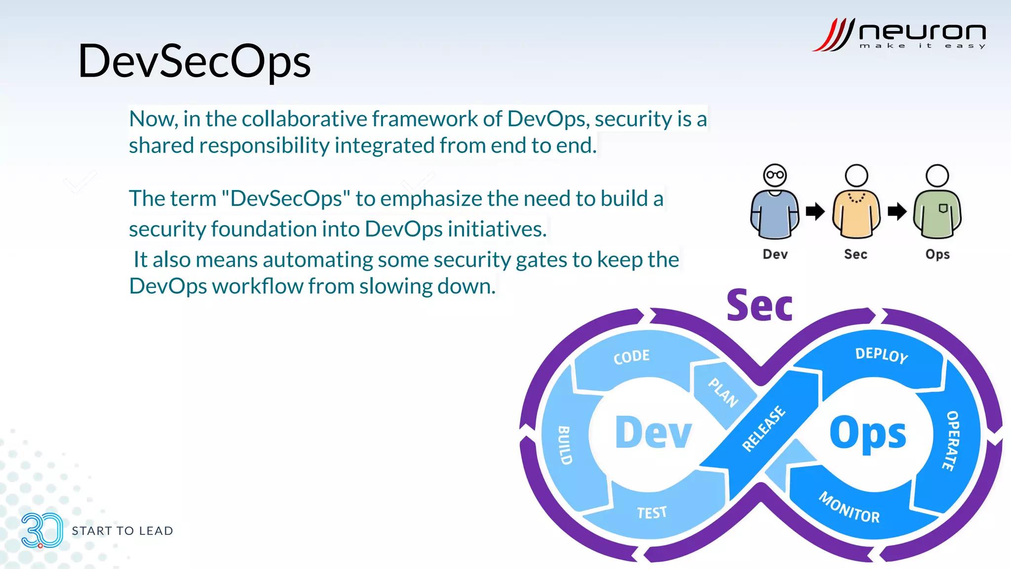 DevSecOps
Now, in the collaborative framework of DevOps, security is a
shared responsibility integrated from end to end.
The term "DevSecOps" to emphasize the need to build a
security foundation into DevOps initiatives.
It also means automating some security gates to keep the
DevOps workﬂow from slowing down.
 