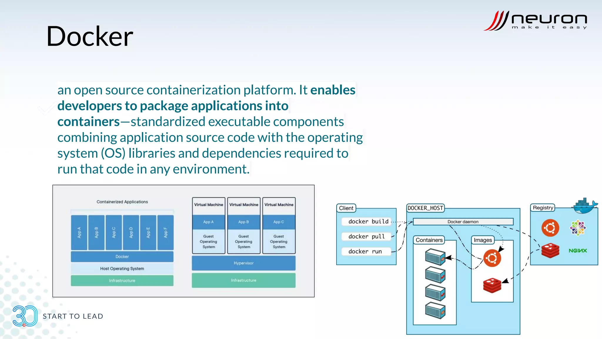 Docker
an open source containerization platform. It enables
developers to package applications into
containers—standardized executable components
combining application source code with the operating
system (OS) libraries and dependencies required to
run that code in any environment.
 