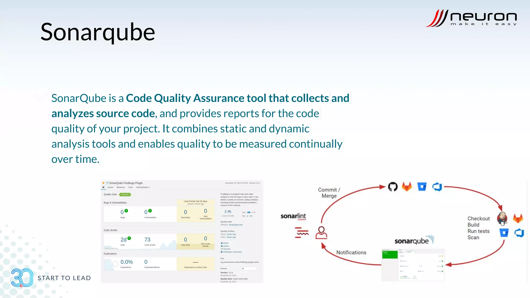 Sonarqube
SonarQube is a Code Quality Assurance tool that collects and
analyzes source code, and provides reports for the code
quality of your project. It combines static and dynamic
analysis tools and enables quality to be measured continually
over time.
 