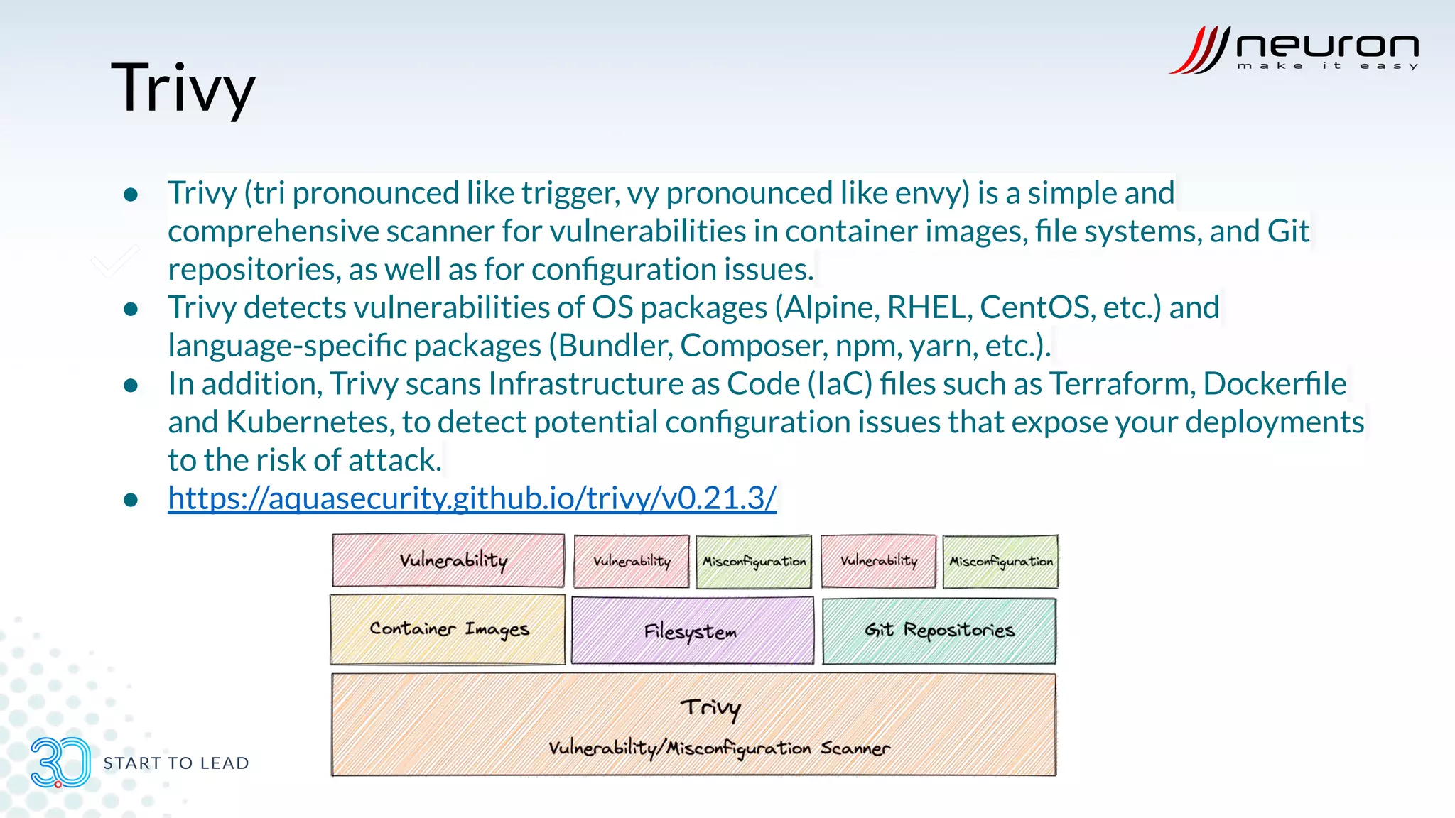 Trivy
● Trivy (tri pronounced like trigger, vy pronounced like envy) is a simple and
comprehensive scanner for vulnerabilities in container images, ﬁle systems, and Git
repositories, as well as for conﬁguration issues.
● Trivy detects vulnerabilities of OS packages (Alpine, RHEL, CentOS, etc.) and
language-speciﬁc packages (Bundler, Composer, npm, yarn, etc.).
● In addition, Trivy scans Infrastructure as Code (IaC) ﬁles such as Terraform, Dockerﬁle
and Kubernetes, to detect potential conﬁguration issues that expose your deployments
to the risk of attack.
● https://aquasecurity.github.io/trivy/v0.21.3/
 