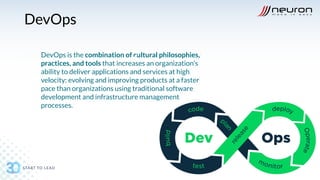 DevOps
DevOps is the combination of cultural philosophies,
practices, and tools that increases an organization's
ability to deliver applications and services at high
velocity: evolving and improving products at a faster
pace than organizations using traditional software
development and infrastructure management
processes.
 