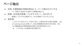 ページ抽出
● 目的：文書画像の背景を除去して、ページ部分だけにする
○ ページ部分に該当する 2値マスク画像を得ること
● 訓練：1635枚の画像、バッチサイズ＝１、30エポック
○ 画像は、アスペクト比維持下で、 6x105
画素にリサイズしている。
● 後処理：
○ （１）ステップ１のネットワーク出力に対し、大津の方法で２値化を実施 →(A)
○ （２）opening-closing を使って、(A)の２値画像の点状のゴミを消去 →(B)
○ （３）２値画像(B)の画素領域を包絡する四辺形を見つける。
■ ＝４つのもっとも極端な角を探索する。
15
 