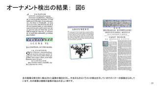 オーナメント検出の結果：　図6
28
左の画像は部分的に検出された装飾の場合を示し、中央のものはイラストの検出を示していますがバナーの誤検出も示して
います。右の画像は複数の装飾の抽出の正しい例です。
 