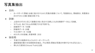 写真集抽出
● 目的：
○ カードボード（厚紙）台紙に貼り付けられた写真の画像について、写真部分と、厚紙部分、背景部分
の３クラスに分離（領域分割）する
● 訓練：
○ 上記の３クラスに応じて画像を３色に色分け注釈したものを教師データとして訓練。
○ モデルは、各ピクセルの所属クラスを予測する。
○ 訓練用データ：100個
○ 評価用データ：20個
○ テスト用データ：150個
○ 40エポックの訓練、所要時間： 20分
● 後処理：
○ 予測クラス画素のモルフォロジーオープニング。
○ 連結領域の最小の包絡矩形を抽出。 Prior制約:厚紙は写真の外側でなければならない。
○ 得られた矩形をGround Truthと比較
30
 