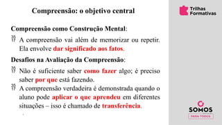 Compreensão: o objetivo central
Compreensão como Construção Mental:
 A compreensão vai além de memorizar ou repetir.
Ela envolve dar significado aos fatos.
Desafios na Avaliação da Compreensão:
 Não é suficiente saber como fazer algo; é preciso
saber por que está fazendo.
 A compreensão verdadeira é demonstrada quando o
aluno pode aplicar o que aprendeu em diferentes
situações – isso é chamado de transferência.
 