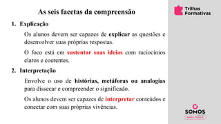 As seis facetas da compreensão
1. Explicação
Os alunos devem ser capazes de explicar as questões e
desenvolver suas próprias respostas.
O foco está em sustentar suas ideias com raciocínios
claros e coerentes.
2. Interpretação
Envolve o uso de histórias, metáforas ou analogias
para dissecar e compreender o significado.
Os alunos devem ser capazes de interpretar conteúdos e
conectar com suas próprias vivências.
 