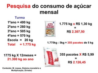 Pesquisa  do consumo de açúcar mensal Turma 1ºano = 400 kg 2ºano = 280 kg 3ºano = 505 kg 4ºano = 570 kg Escola  =  20 kg Total  = 1.775 kg Mu 1.775 kg  x  R$ 1,30 kg =  R$  2.307,50 1.775kg : 5kg =  355 pacotes  de 5 kg 355 pacotes  X  R$ 5,99 =  R$  2.126,45 1775 kg X 12meses =  21.300 kg ao ano Conteúdo: M. massa, Sistema monetário e Multiplicação, Divisão) 