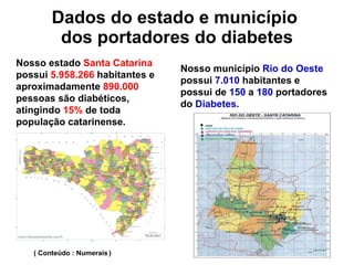 Dados do estado e município  dos portadores do diabetes Nosso município  Rio do Oeste possui  7.010  habitantes e possui de  150  a  180  portadores do  Diabetes . Nosso estado  Santa Catarina   possui  5.958.266  habitantes e aproximadamente  890.000  pessoas são diabéticos, atingindo  15%  de toda  população catarinense. ( Conteúdo : Numerais   ) 