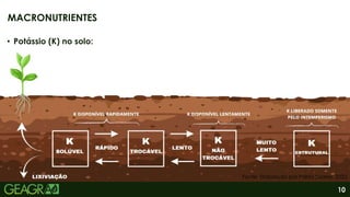 10
• Potássio (K) no solo:
MACRONUTRIENTES
Fonte: Elaborado por Pablo Soares, 2023.
 