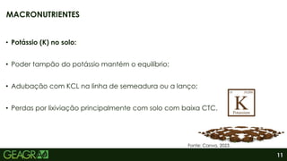 11
• Potássio (K) no solo:
• Poder tampão do potássio mantém o equilíbrio;
• Adubação com KCL na linha de semeadura ou a lanço;
• Perdas por lixiviação principalmente com solo com baixa CTC.
MACRONUTRIENTES
Fonte: Canva, 2023.
 