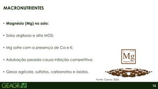15
• Magnésio (Mg) no solo:
• Solos argilosos e alta MOS;
• Mg sofre com a presença de Ca e K;
• Adubação pesada causa inibição competitiva;
• Gesso agrícola, sulfatos, carbonatos e óxidos.
MACRONUTRIENTES
Fonte: Canva, 2023.
 