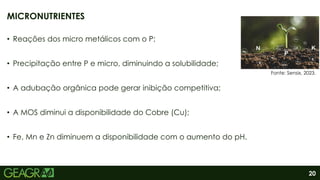 20
• Reações dos micro metálicos com o P;
• Precipitação entre P e micro, diminuindo a solubilidade;
• A adubação orgânica pode gerar inibição competitiva;
• A MOS diminui a disponibilidade do Cobre (Cu);
• Fe, Mn e Zn diminuem a disponibilidade com o aumento do pH.
MICRONUTRIENTES
Fonte: Sensix, 2023.
 