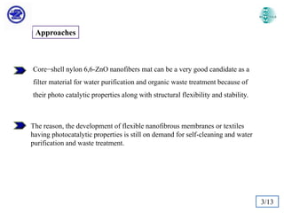 Approaches

Core−shell nylon 6,6-ZnO nanofibers mat can be a very good candidate as a
filter material for water purification and organic waste treatment because of
their photo catalytic properties along with structural flexibility and stability.

The reason, the development of flexible nanofibrous membranes or textiles
having photocatalytic properties is still on demand for self-cleaning and water
purification and waste treatment.

3/13

 