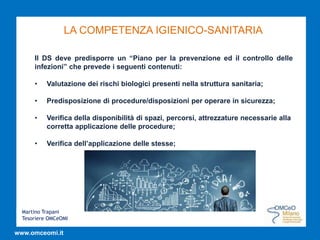 Martino Trapani
Tesoriere OMCeOMI
www.omceomi.it
LA COMPETENZA IGIENICO-SANITARIA
Il DS deve predisporre un “Piano per la prevenzione ed il controllo delle
infezioni” che prevede i seguenti contenuti:
• Valutazione dei rischi biologici presenti nella struttura sanitaria;
• Predisposizione di procedure/disposizioni per operare in sicurezza;
• Verifica della disponibilità di spazi, percorsi, attrezzature necessarie alla
corretta applicazione delle procedure;
• Verifica dell’applicazione delle stesse;
 