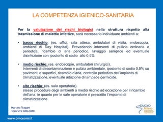 Martino Trapani
Tesoriere OMCeOMI
www.omceomi.it
LA COMPETENZA IGIENICO-SANITARIA
Per la valutazione dei rischi biologici nella struttura rispetto alla
trasmissione di malattie infettive, sarà necessario individuare ambienti a:
• basso rischio: (es. uffici, sala attesa, ambulatori di visita, endoscopia,
ambienti di Day Hospital). Prevedendo interventi di pulizia ordinaria e
periodica, ricambio di aria periodico, lavaggio semplice ed eventuale
disinfezione con ipoclorito di sodio allo 0,5%
• medio rischio: (es. endoscopie, ambulatori chirurgici).
Interventi di decontaminazione e pulizia ambientale, ipoclorito di sodio 0,5% su
pavimenti e superfici, ricambio d’aria, controllo periodico dell’impianto di
climatizzazione, eventuale adozione di lampade germicide.
• alto rischio: (es. sale operatorie).
stesse procedure degli ambienti a medio rischio ad eccezione per il ricambio
dell’aria, in quanto per le sale operatorie è prescritto l’impianto di
climatizzazione.
 
