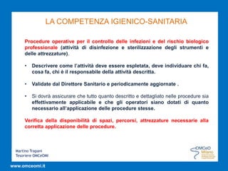 Martino Trapani
Tesoriere OMCeOMI
www.omceomi.it
LA COMPETENZA IGIENICO-SANITARIA
Procedure operative per il controllo delle infezioni e del rischio biologico
professionale (attività di disinfezione e sterilizzazione degli strumenti e
delle attrezzature).
• Descrivere come l’attività deve essere espletata, deve individuare chi fa,
cosa fa, chi è il responsabile della attività descritta.
• Validate dal Direttore Sanitario e periodicamente aggiornate .
• Si dovrà assicurare che tutto quanto descritto e dettagliato nelle procedure sia
effettivamente applicabile e che gli operatori siano dotati di quanto
necessario all’applicazione delle procedure stesse.
Verifica della disponibilità di spazi, percorsi, attrezzature necessarie alla
corretta applicazione delle procedure.
 