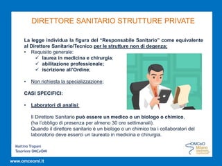 Martino Trapani
Tesoriere OMCeOMI
www.omceomi.it
DIRETTORE SANITARIO STRUTTURE PRIVATE
La legge individua la figura del “Responsabile Sanitario” come equivalente
al Direttore Sanitario/Tecnico per le strutture non di degenza;
• Requisito generale:
 laurea in medicina e chirurgia;
 abilitazione professionale;
 iscrizione all’Ordine;
• Non richiesta la specializzazione;
CASI SPECIFICI:
• Laboratori di analisi:
Il Direttore Sanitario può essere un medico o un biologo o chimico,
(ha l’obbligo di presenza per almeno 30 ore settimanali).
Quando il direttore sanitario è un biologo o un chimico tra i collaboratori del
laboratorio deve esserci un laureato in medicina e chirurgia.
 