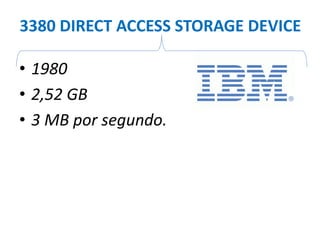 3380 DIRECT ACCESS STORAGE DEVICE
• 1980
• 2,52 GB
• 3 MB por segundo.
 