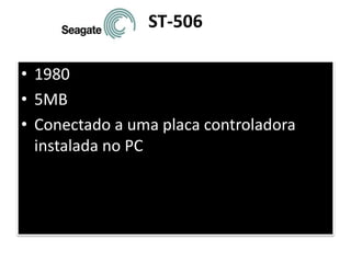 ST-506
• 1980
• 5MB
• Conectado a uma placa controladora
instalada no PC
 