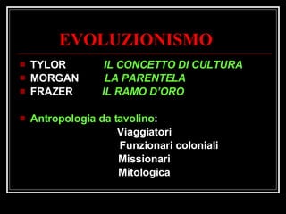 EVOLUZIONISMO TYLOR  IL   CONCETTO DI CULTURA MORGAN  LA PARENTELA FRAZER  IL RAMO D’ORO Antropologia da tavolino : Viaggiatori Funzionari coloniali Missionari Mitologica 